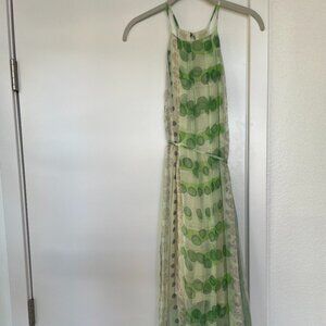 Anthropologie Moulinette Soeurs Green Silk Boho Maxi Dress, Halter Neckline